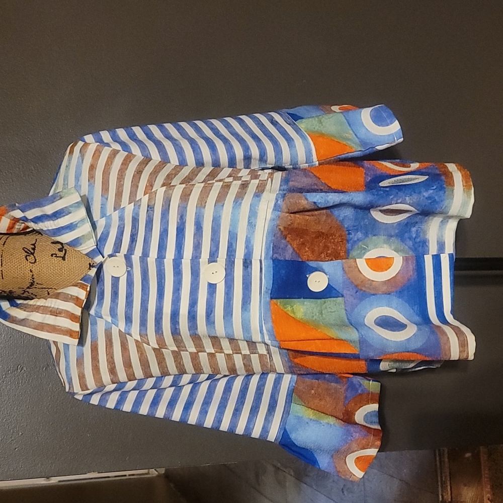 Damee, Inc., size Large, Jacket/Top, Blue Multi-Color Stripe & Print